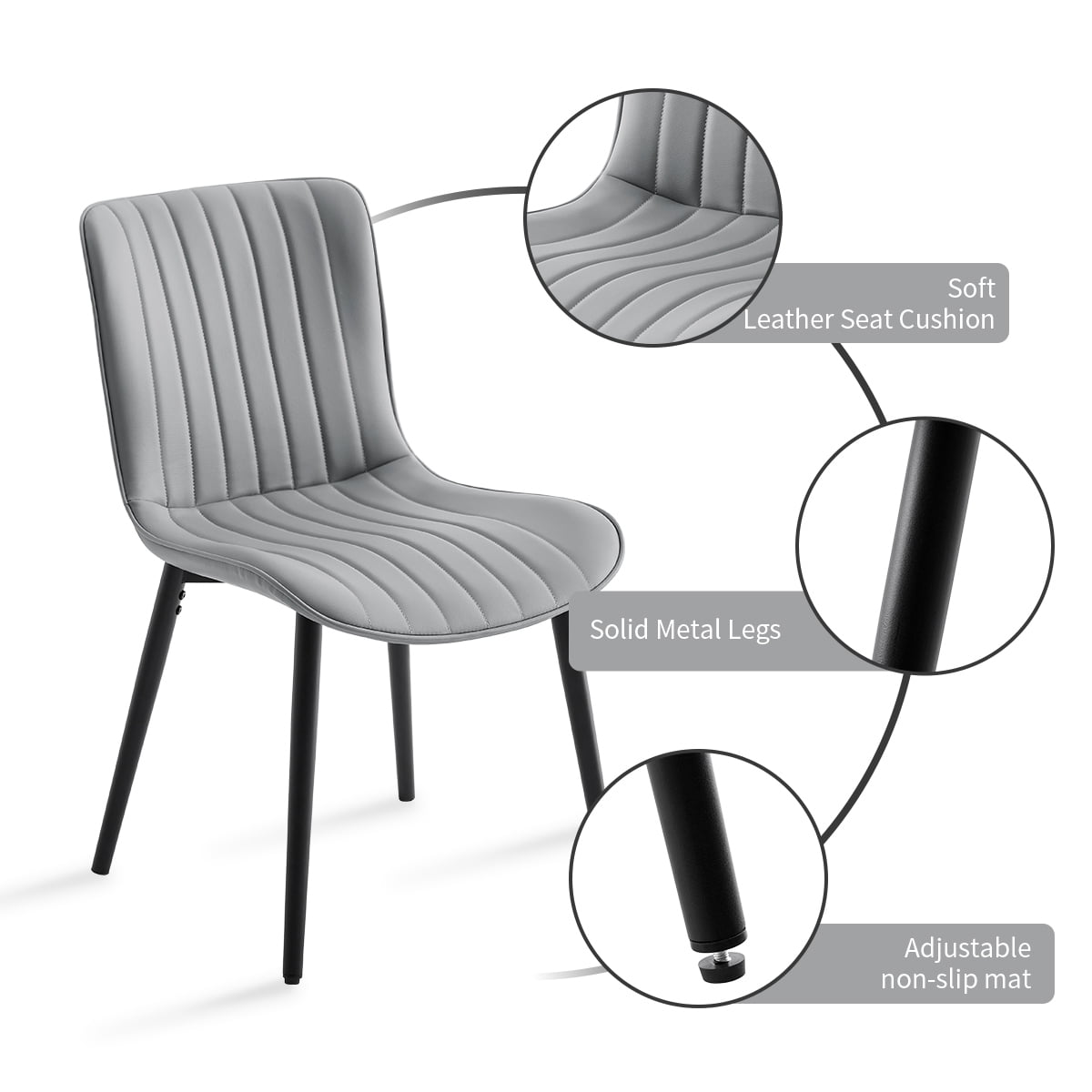 L'AGRATY Modern Dining Chairs Set of 4, High Back PU Leather Upholstered Kitchen Chairs with Cushion - Heavy Duty Metal Legs for Dining Room, Restaurant, Cafe (Grey)