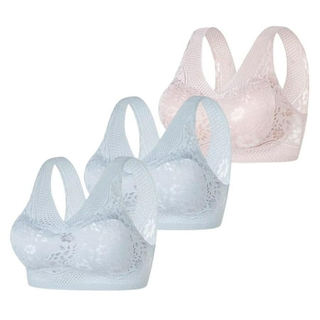 WIZUTIZ Lace Bralettes for Women Plus Size Bras for Women 3PCS Push up Bralettes Wirefree Anti-Sagging Comfort Full Coverage Brassiere Solid Cutout Underwear for Older Women Swim M Blue
