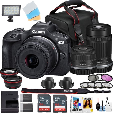 Canon EOS R100 Mirrorless Camera w/18-45mm and 55-210mm Lens + 2pc Sandisk Ultra Memory Card + Camera Case + More (19pc Bundle)