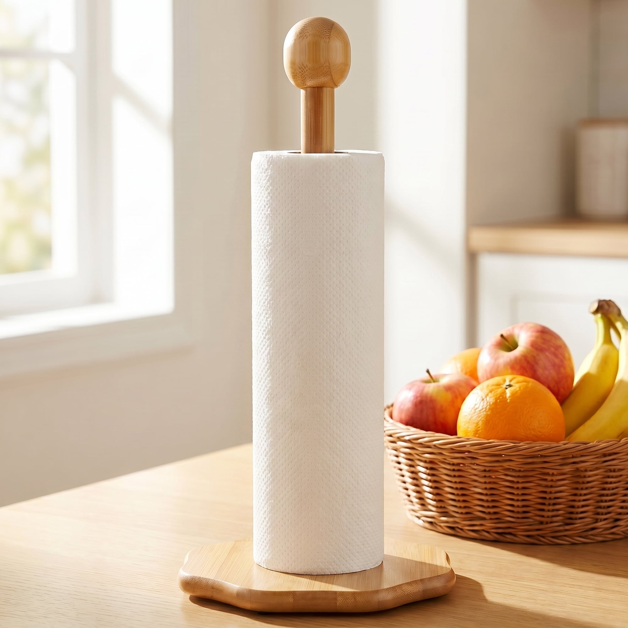 Unique Bargains Paper Towel Holder Countertop Non Slip Base Wood Natural F 11.6x5.7inch