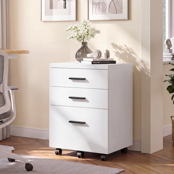 GALAXHERO 3 Drawer Storage Cabinet, Wood Rolling File Cabinet with Whells, Printer Stand Filing Cabinet for Home Office, Fit Letter/A4, White