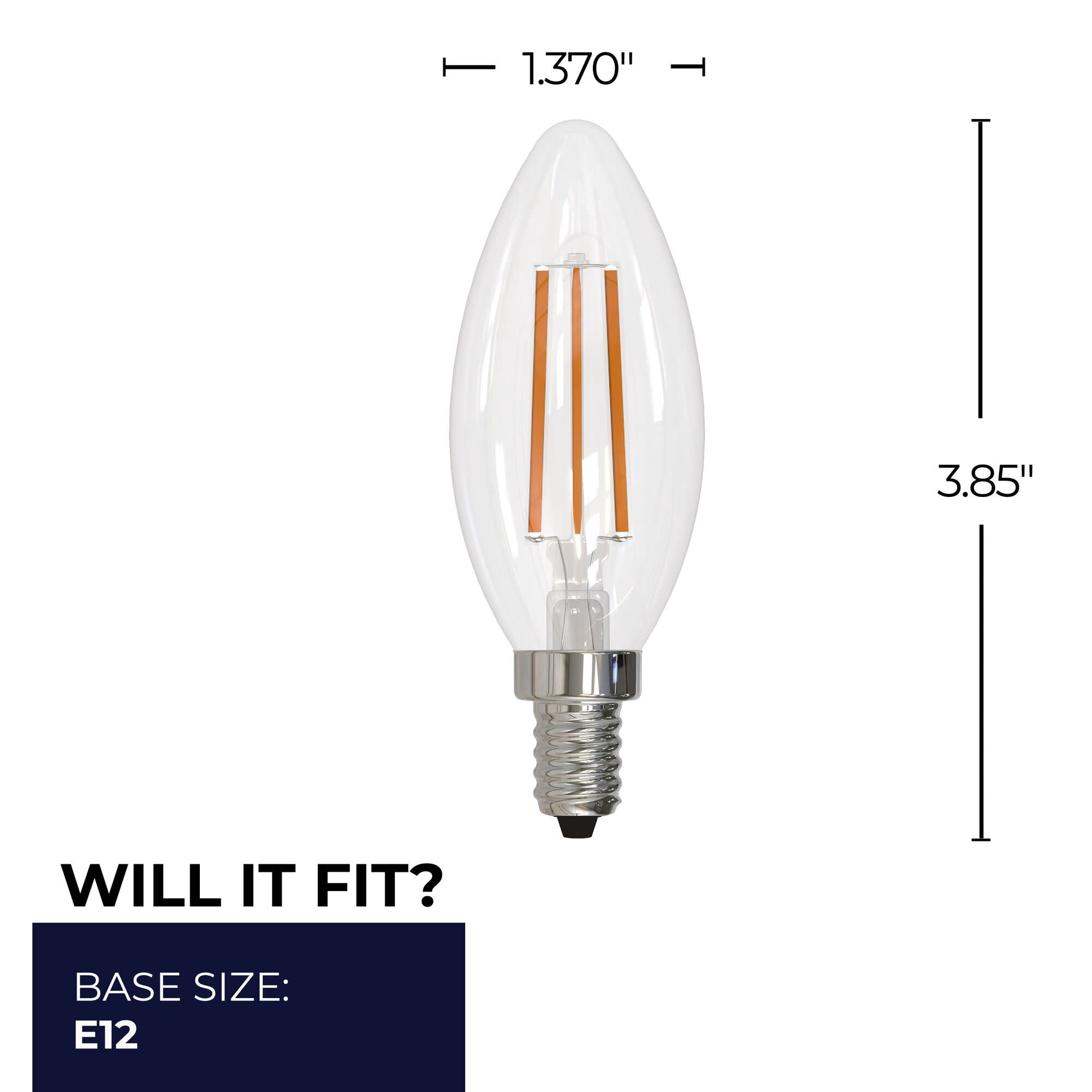 Bulbrite 862856 3000K 750 Lumen 6.5 watt LED Filament Dimmable B11 Light Bulbs with a Clear & Candelabra E12 Base, Soft White - Pack of 4