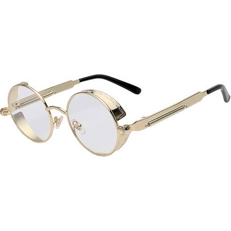 Steampunk Retro Gothic Vintage Gold Metal Round Circle Frame Sunglasses Clear Lens