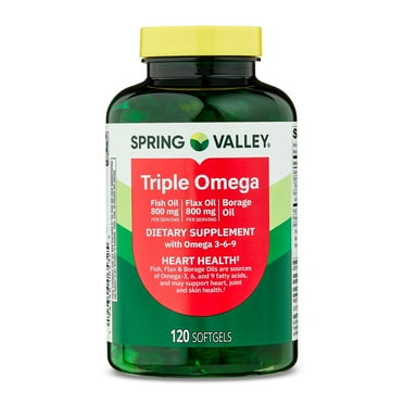 Spring Valley Triple Omega, Fish Oil 800mg, Flax Oil 800mg, and Borage Oil Softgels, Heart Health Dietary Supplement, 120 Count