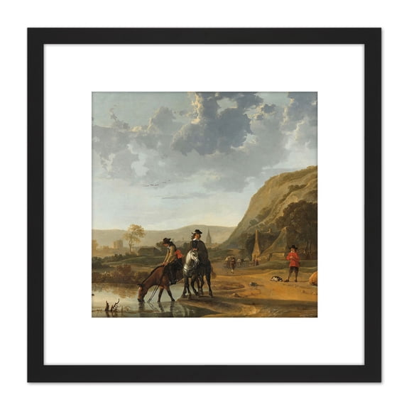 Aelbert Cuyp River Landscape With Riders Painting 8X8 Inch Square Wooden Framed Wall Art Print Picture with Mount