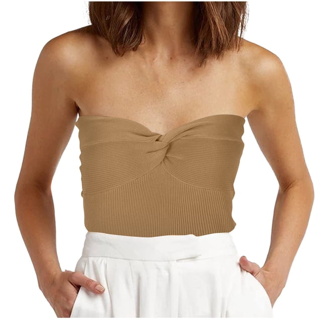 Top corto sin tirantes para mujer Sexy con cuello de corazón acanalado de punto con nudo retorcido en la parte delantera sin mangas Pompotops hkajfhjk473960