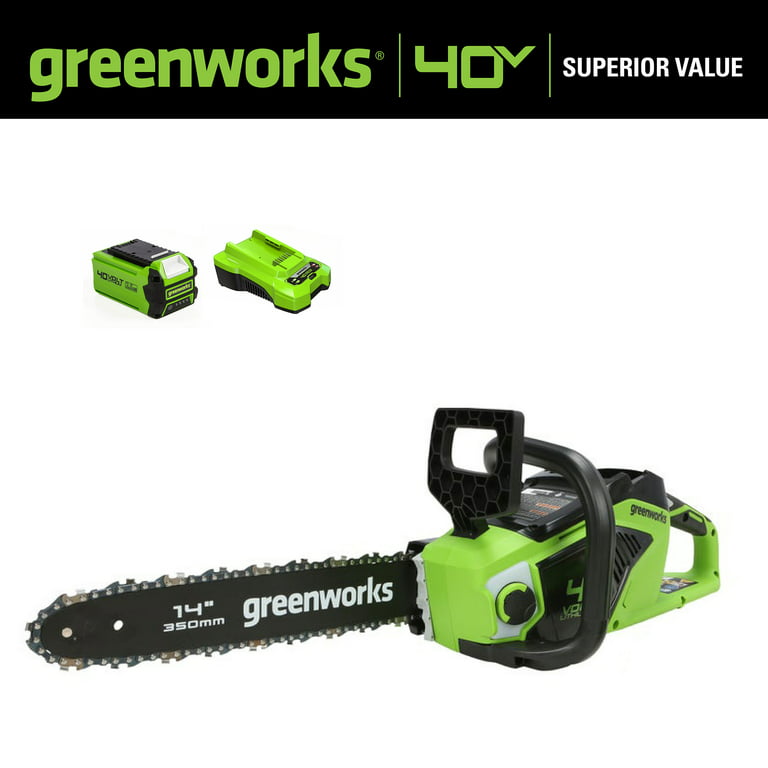 Greenworks 40V 14 in. Cordless Brushless Chainsaw with 2.5 Ah Battery and Charger, 2012802