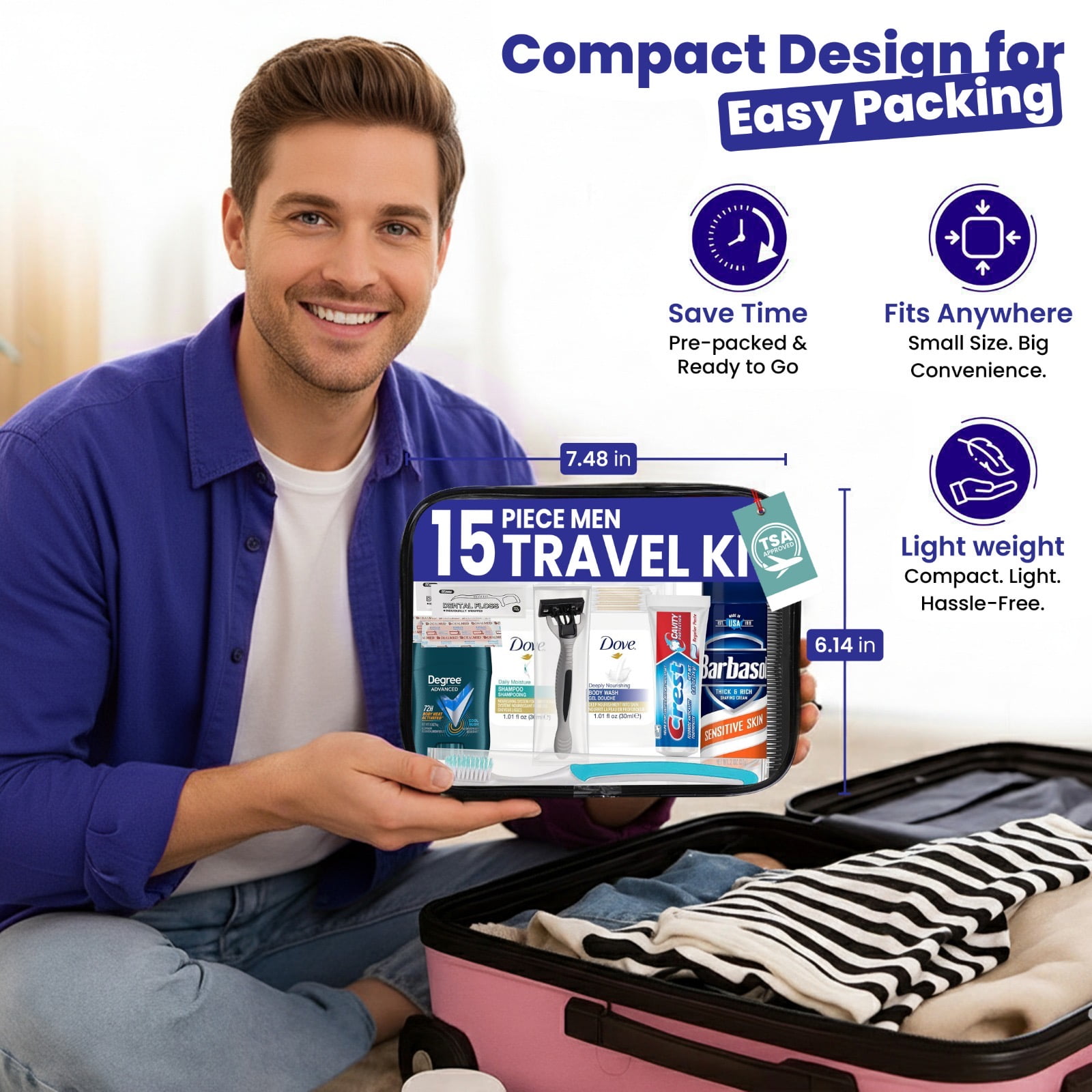 Trektote Travel Toiletry Kit For Men of Travel Size Toiletries, TSA Compliant, Includes Shampoo And Conditioner, Travel Size Shave Cream, Reusable Toiletry Bag & More (50 Pack)
