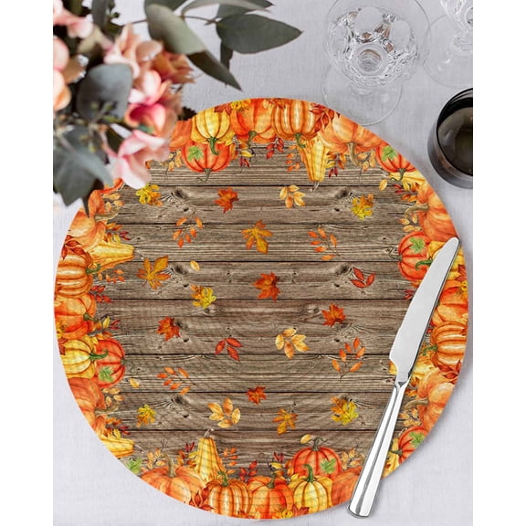 13 Inch Round Placemats Set of 6, Orange Fall Non Slip Heat Insulation PP Table Mats, Retro Maple Leaf Pumpkins Thanksgiving Washable Place Mats for Kitchen Dining Party Table Decor