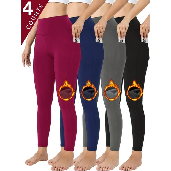 Women's 4pcs Solid Color Fleece Lined Yoga Pants Casual Workout Leggings Warm Comfortable Winter Autumn Tights Sports with Side Pocket