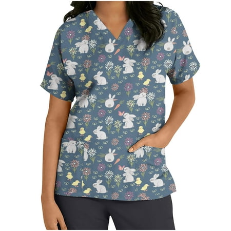 

Easter T Shirt Ladies US Summer Scrub Tops for Women Sale Happy Easter T-Shirt V Neck Comfy Loose Fit Cute Rabbit Shirts Bunny Tees Short Sleeve Pockets Flared Nursing Working Uniform Workwear Tops