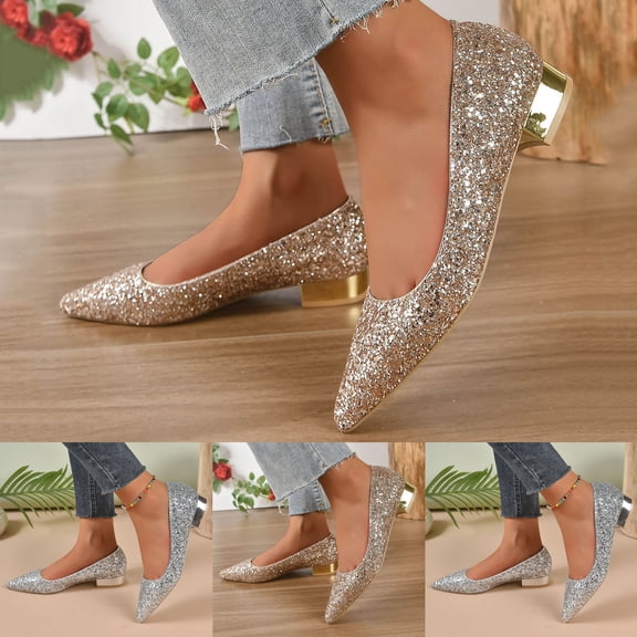 Dakaela Rhinestones Flats for Womens Closed Pointed Toe Chunky Low Heels Ballet Flat Comfortable Dressy Work Slip On Casual Shoes Size 6,Gold