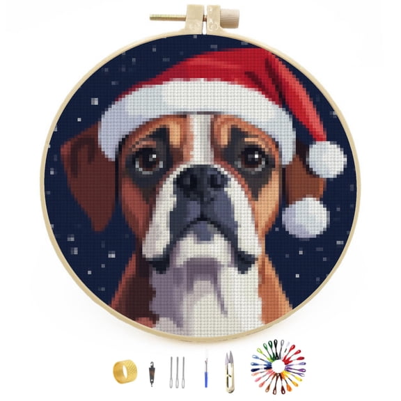 Merry Christmas Boxer Dog DIY Stamped Cross Stitch Kits Easy for Beginners with Hoop 11CT Counted Embroidery Needlepoint Crafts Arts for Handmade Enthusiasts and Home Decor 30x30cm(3)