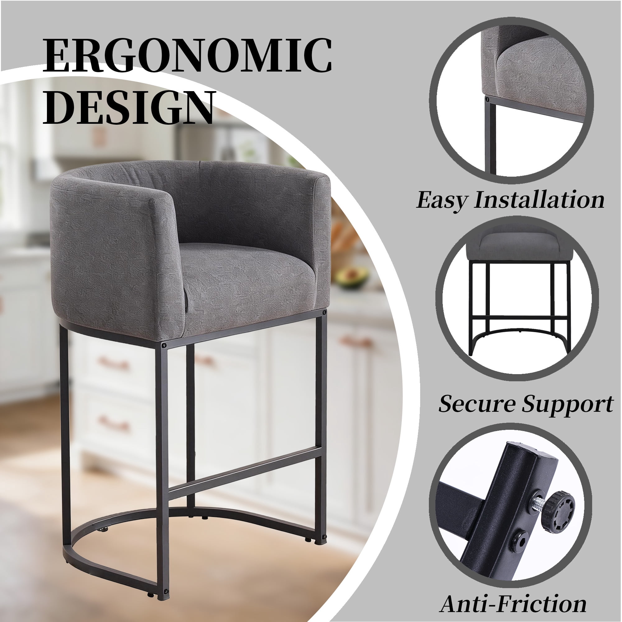 CRERIYO 26" Counter Height Bar Stools Set of 2, Fabric Upholstered Modern Barrel Bar Chairs with Metal Frame, Darkgray
