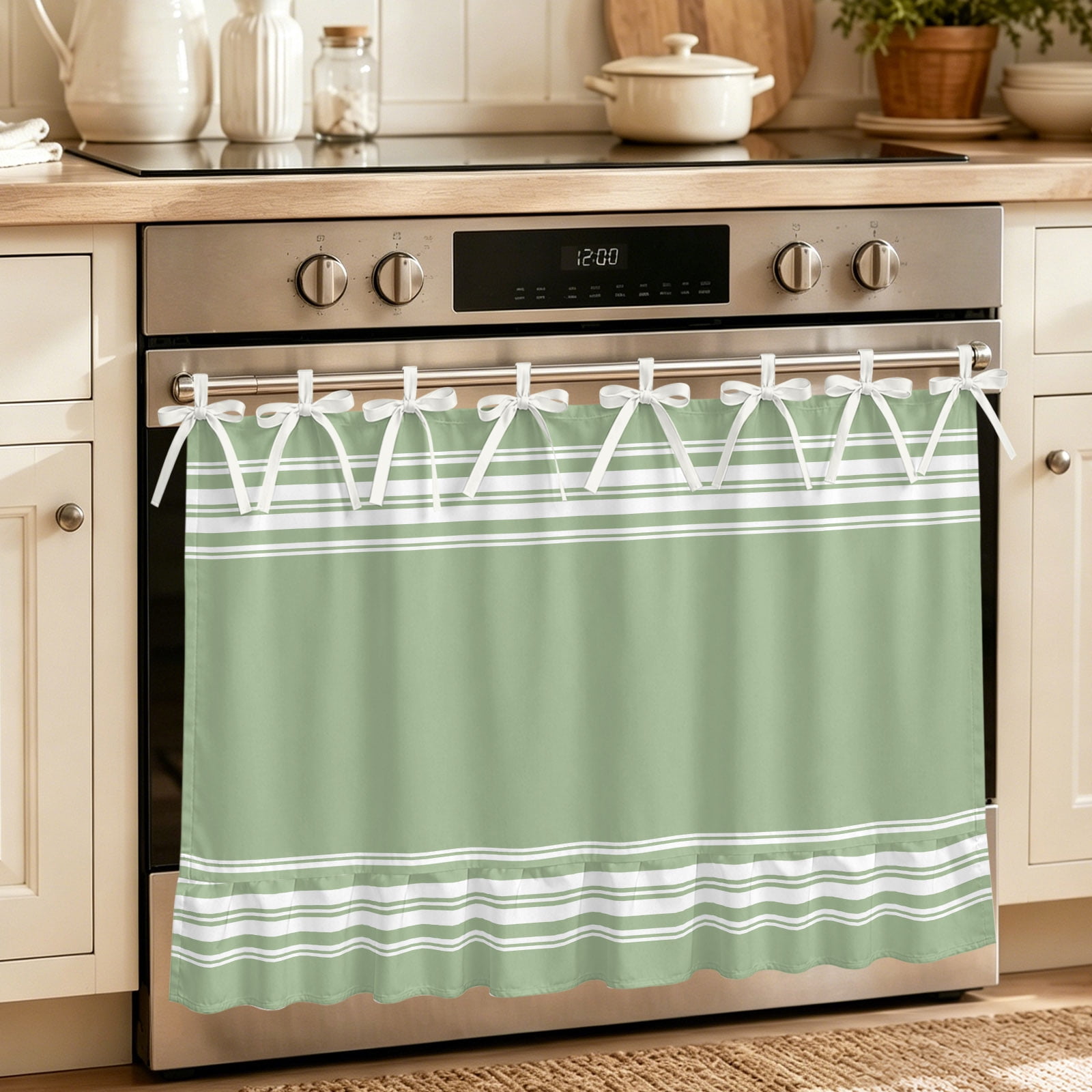 Oven Curtain for Kitchen Grazing Green White Strips Stove Curtain With Ruffled Trim Dishwasher Curtains Simple Art Oven Skirt 27 x20