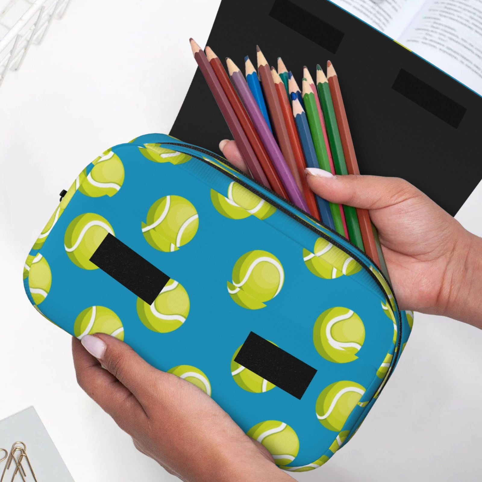 Rateoe Ball Tennis Pattern Double Clamshell Pen Case, Storage Organizer with Two Zipper Compartments– Holds Up to 50 Pencils & Pens