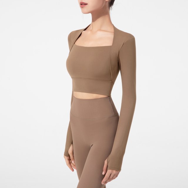 Ropa de yoga, chal de dos piezas, estilo de mujer con almohadilla para el pecho, camiseta de manga larga en forma de U color nude, ropa deportiva de fitness