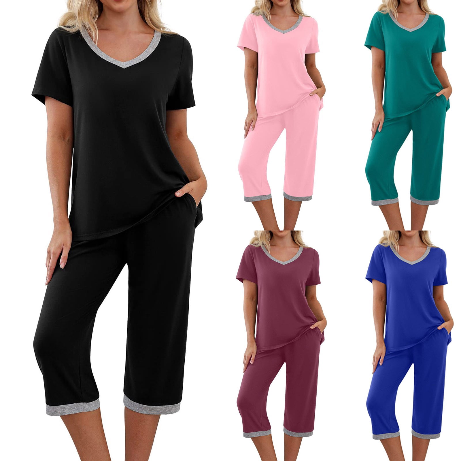 Comfy Lounge Sets for Women Short Sleeve V-Neck Tops and Floral Print Wide Leg Pants Loose Capri Pajama Set