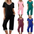 thumbnail image 5 of Qucoqpe - Conjuntos de pijama cómodos para mujer, con blusa de manga corta con cuello en V y pantalones anchos con estampado floral, estilo capri holgado, 5 of 5