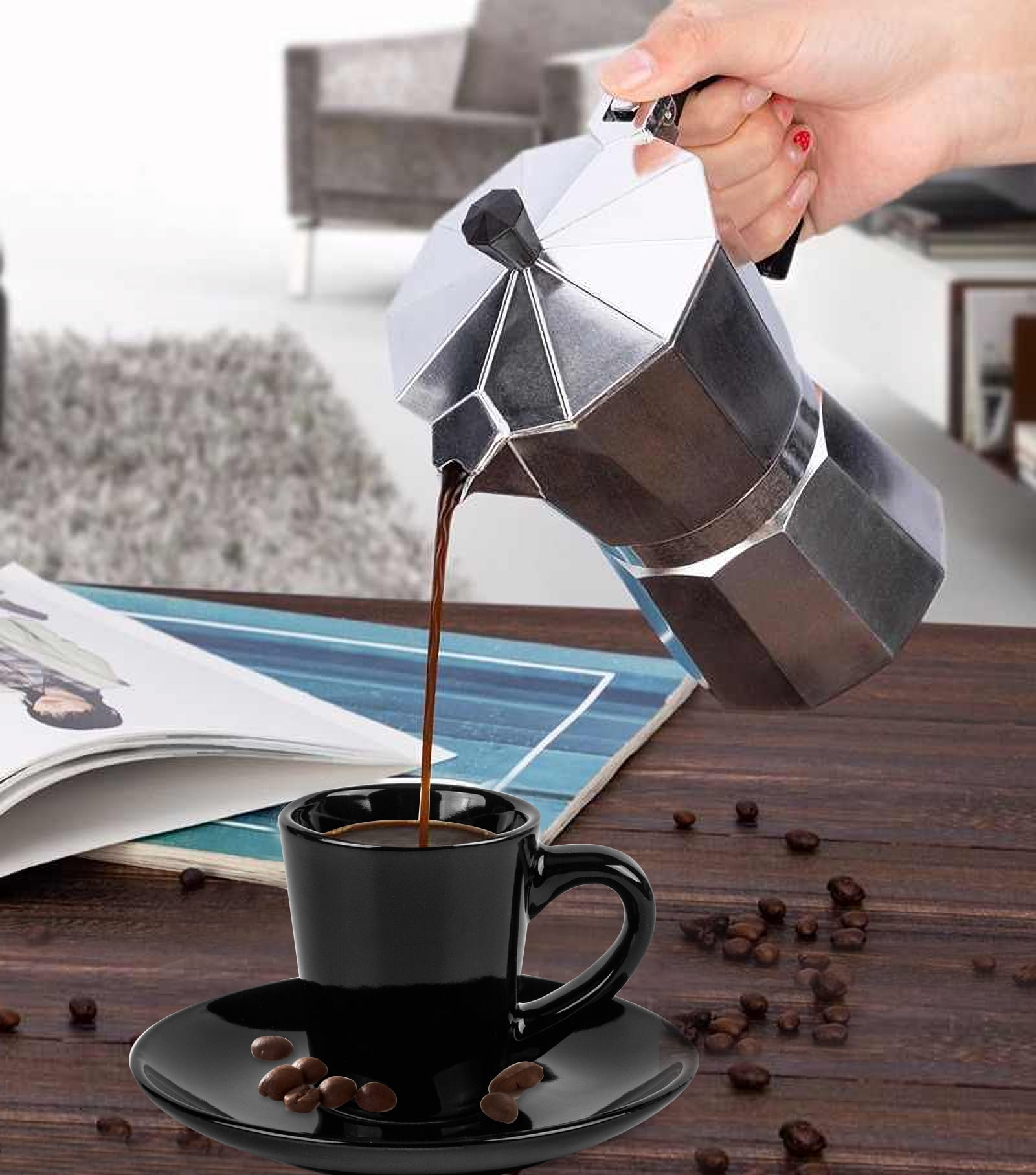 (2 pack) Bene Casa Black Ceramic Espresso Cups & Saucers Set of 9