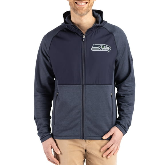 Men's Cutter & Buck Heather College Navy Seattle Seahawks Peshastin Eco Fleece Recycled Raglan Full-Zip Tri-Blend Hybrid