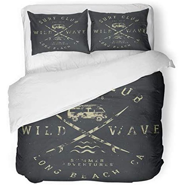 Juego de Ropa de Cama ABPHQTO de 3 Piezas Camiseta de Surf en Caucho Vintage con Símbolos de Surf Tablas de Surf de Autocaravana Antigua y Funda nórdica de Verano con 2 fundas de almohada