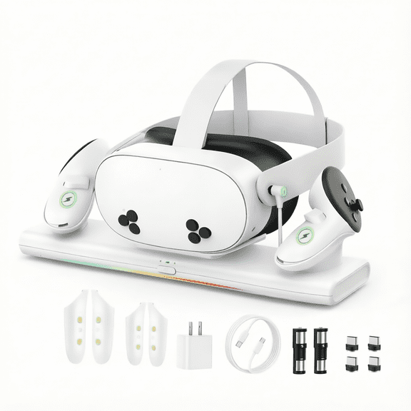 For Magnetic VR Charging Dock Compatible with Meta Quest 3S Meta Quest 3 Meta Quest 2 20W PD Fast Charging Station with RGB Indicator Light Includes Rechargeable Batteries and Charging Cable