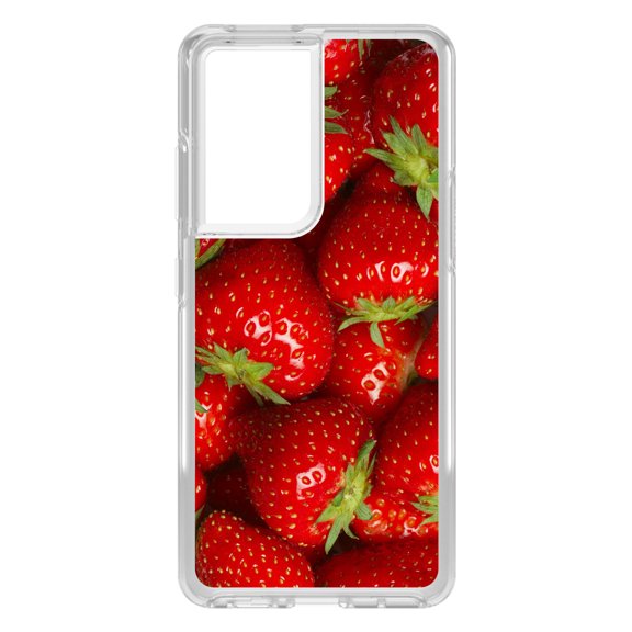 DistinctInk Clear Shockproof Hybrid Case for Galaxy S21 ULTRA 5G (6.8" Screen) - TPU Bumper, Acrylic Back, Tempered Glass Screen Protector - Bright Red Strawberries