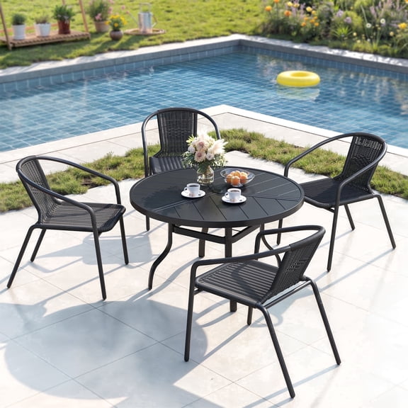 ELPOSUN 5-Piece Outdoor Patio Dining Set, Patio Dining Chairs & 39.3” Large Round Dining Table with Umbrella Hole, Steel Frame & Rattan Seat, Black/Black