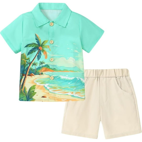CARETOO Toddler Boy Clothes Baby Flamingo Hawaiian Outfits Short Sleeve Shirt Elastic Waist Shorts Summer Beach Set Size 4-5T