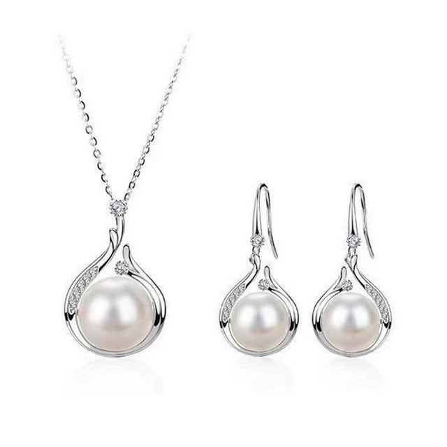 HHBEAUTY Ensemble de Bijoux en Perles pour Femmes, Collier Pendentif Perle Ajustable Délicat, Boucles d'Oreilles Pendantes en Perles, Ensemble de Bijoux en Argent pour Mariage (Boucles d'Oreilles + Collier)