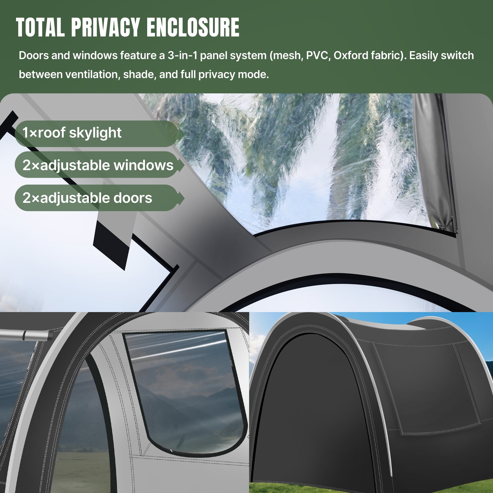 Tunnel-style camping tent, 3-4 person extra spacious, mesh breathable / PVC waterproof / Oxford fabric wear-resistant material, top skylight design, portable lightweight and easy to install