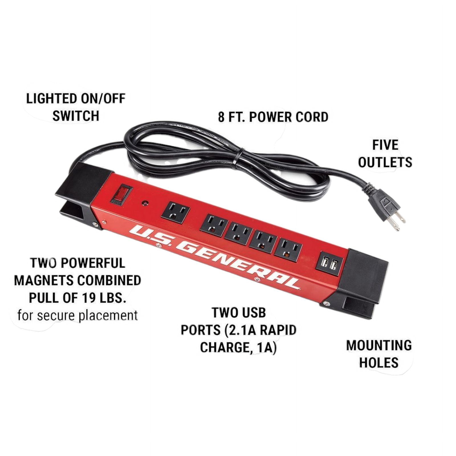 Magnetic Power Strip 5 Outlet Heavy Duty Metal Housing with 2 USB Ports U.S. General_Red