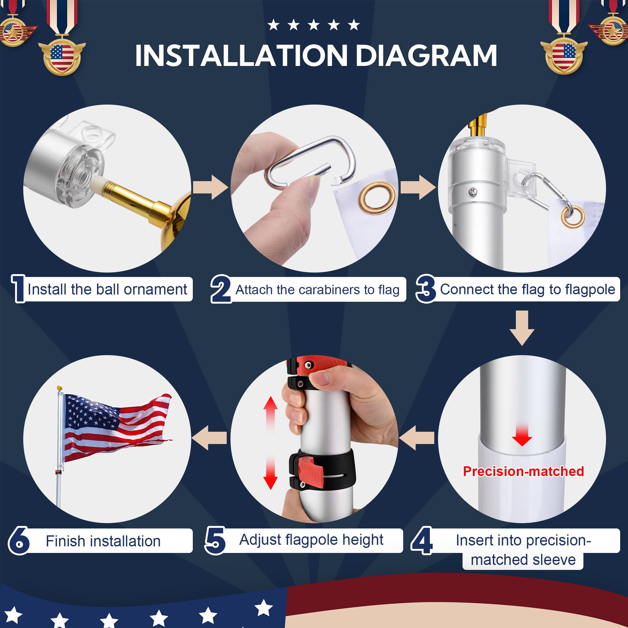 Yescom EZ GO 30ft Telescopic Flag Pole Kit Upgrade Rotating Lock for Outside Inground with 3x5' US Flag Ball Top Silver
