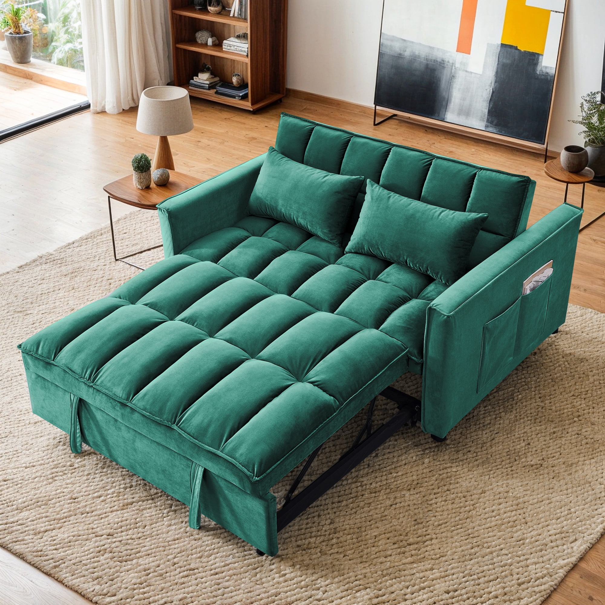 Demi Bonn 3 in 1 Convertible Sleeper Sofa Bed with Side Pocket, Adjustable Backrest Velvet Futon Couches for Living Room, Pull Out Couch, Loveseat, Green