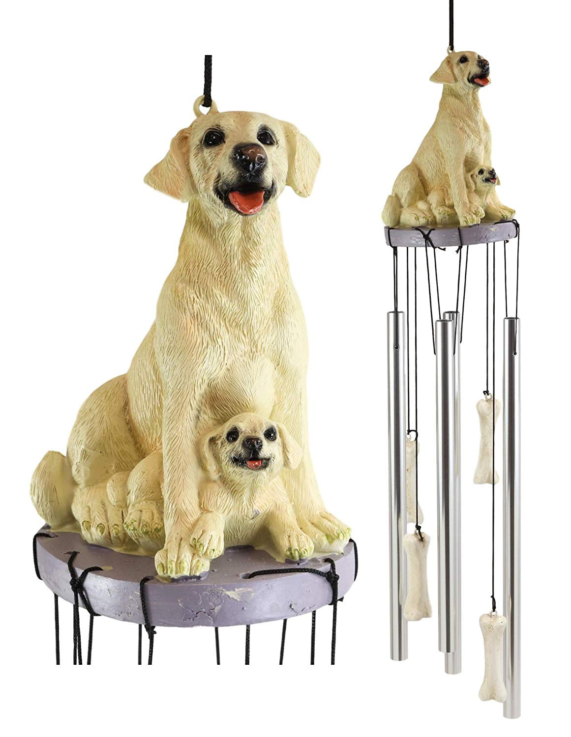 Ebros Gift Pedigree Breed Dogs Golden Retriever Dog with Puppy Figurine Top  Resonant Wind Chime with Miniature Treat Bones Ornaments for Garden Patio  