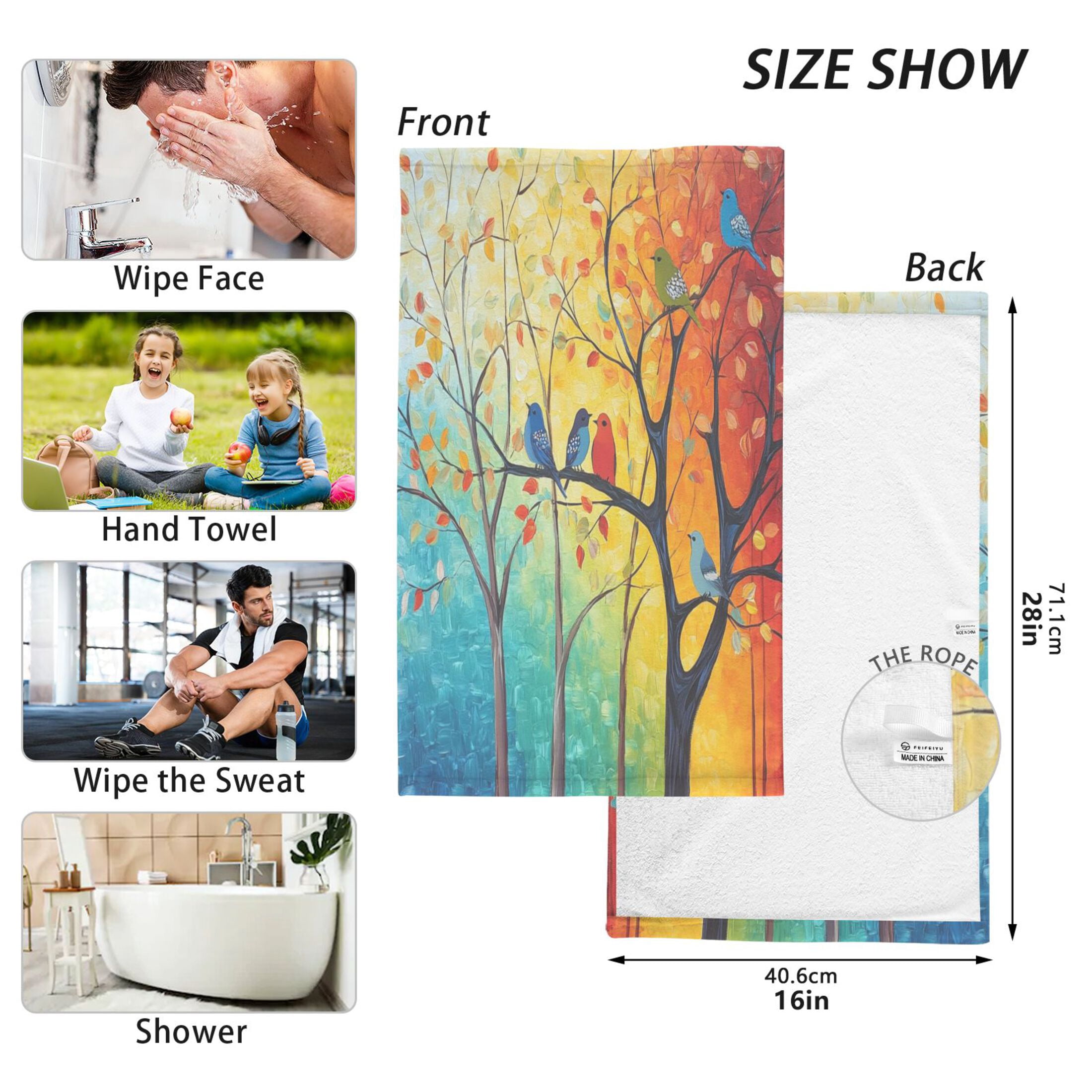 Cotton Towel Two-Piece 16x28 Inch One Sizex2 Face Towel Set Towel Set Cotton Hand Bath Towel Bathroom Beach Colorful Tree Bird