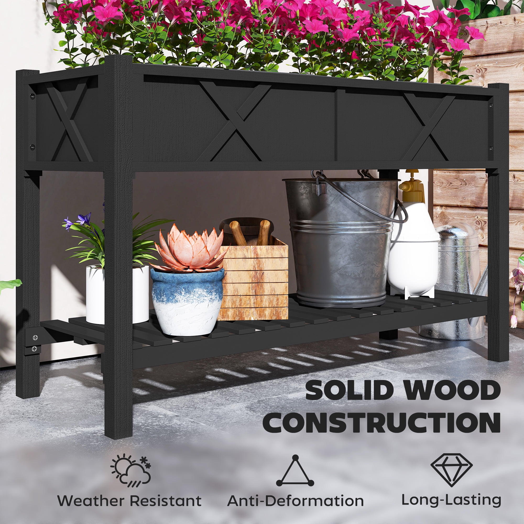 Elevated Wood Planter Box, Raised Garden Bed with Storage Shelf, Drainage Holes and Liner