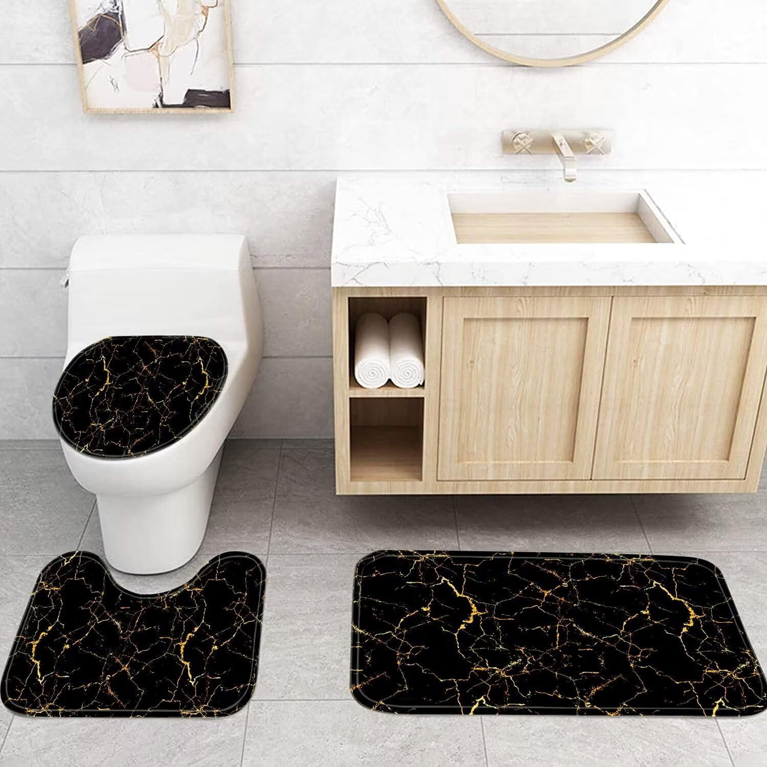 4 Pcs Shower Curtain Sets Black and Gold Marble Bathroom Sets with Shower Curtain and Rugs and Accessories Luxury Bathroom Curtain Decor Sets with 12 Hooks
