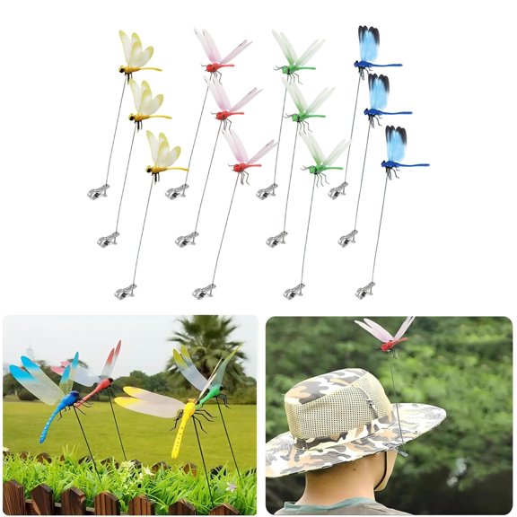 VIWING 12 Pack Artificial Dragonfly Clips, Decor,dragonfly Hat Clip,3d Fake Dragonflies Fly Deterrent Outdoor, Dragonfly Humming Bird Stakes, Garden Bird and Fly Scare Devices for Indoor Outside Real
