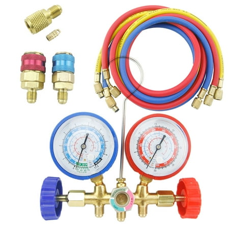 5FT AC Diagnostic Manifold Freon Gauge Set for R134A R12, R22, R502 Refrigerants, with Couplers and ACME