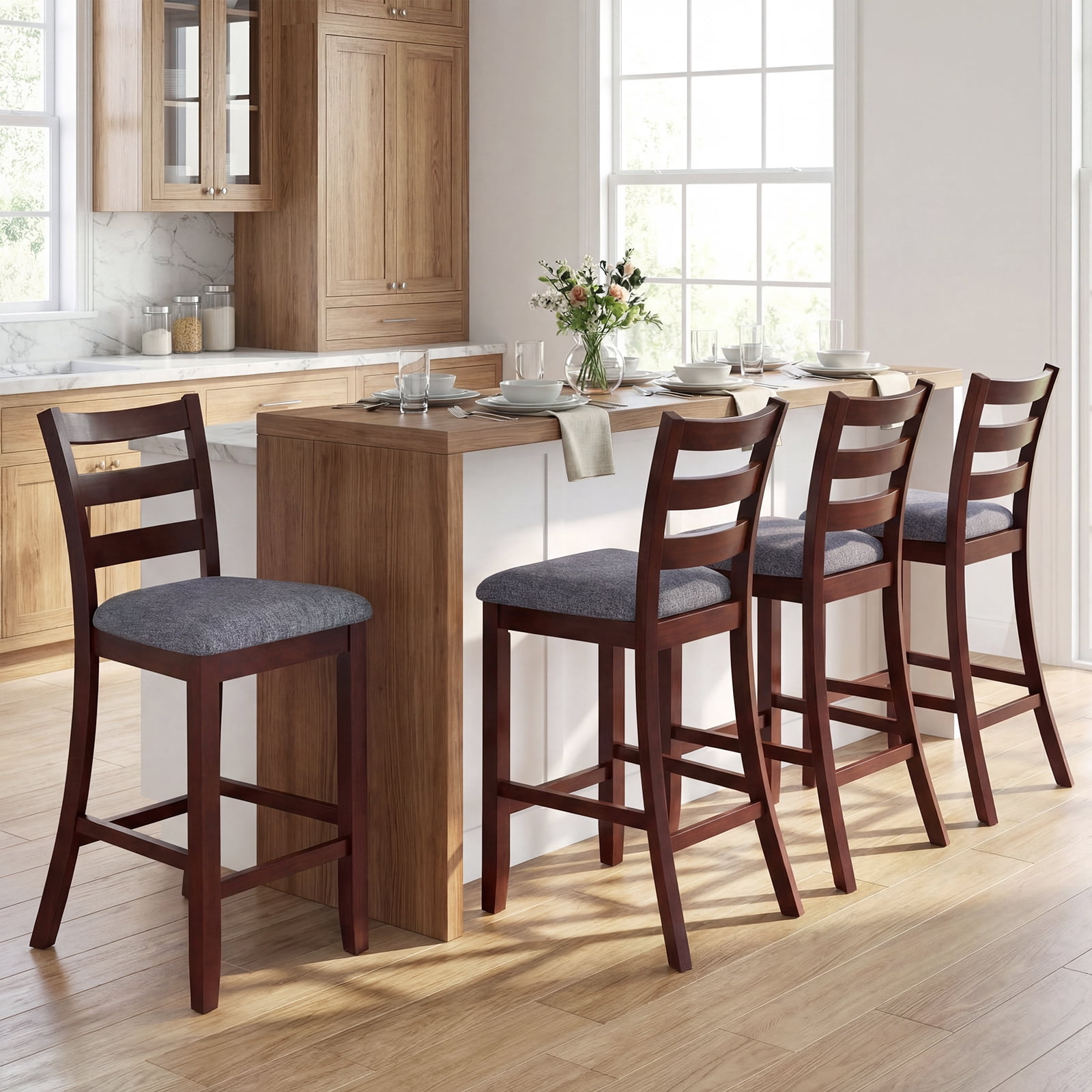 Gymax Bar Stools Set of 4 Upholstered Counter Height Barstools w/ Padded Seat Footrest & Backrest Farmhouse