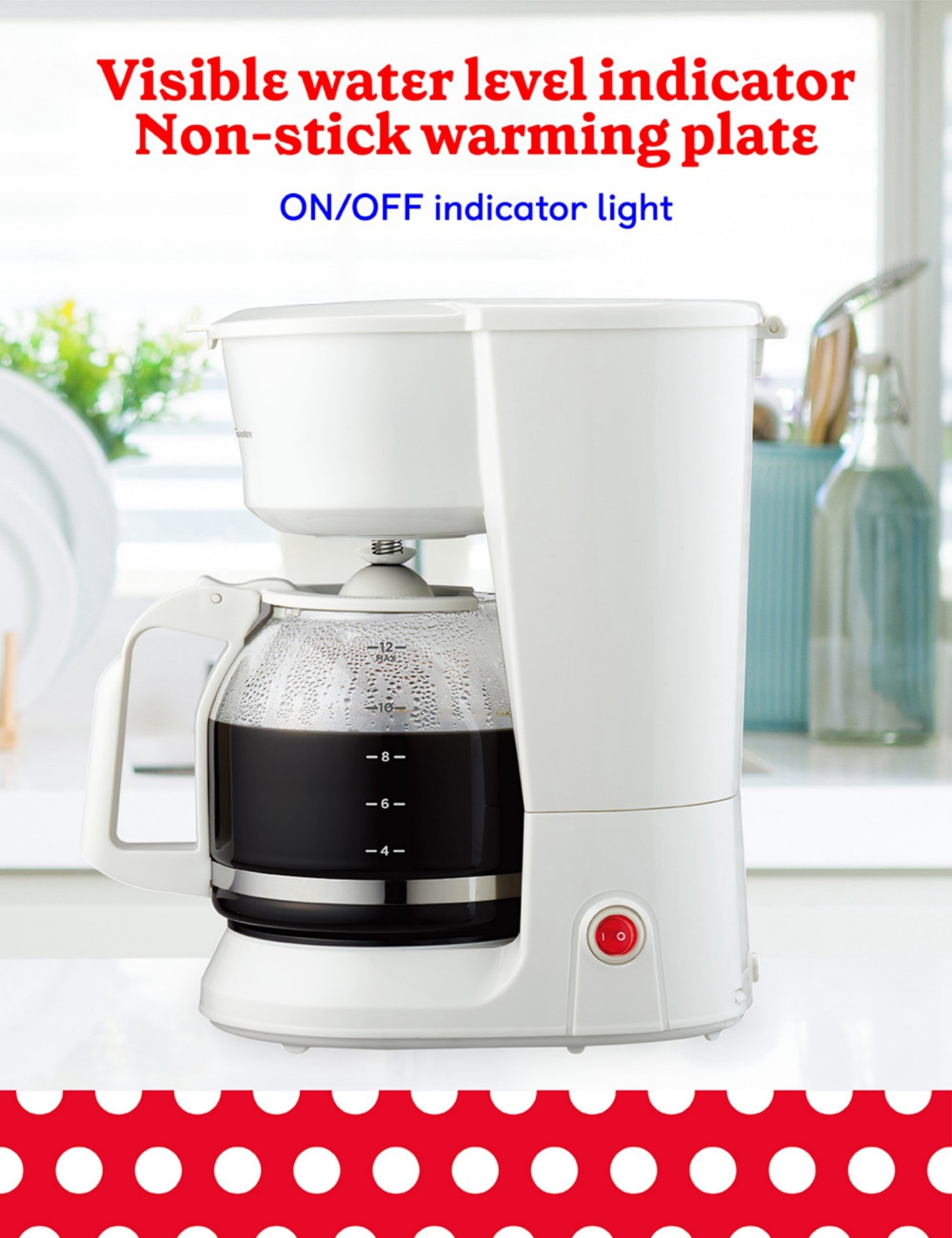 Betty Crocker 12-Cup Drip Coffee Maker with Heat Resistant Glass Carafe, Removable Filter Holder for No. 4 Cone Filters, Pause & Pour, Water Level Gauge, Non-Stick Warming Plate, BC-5729W, White