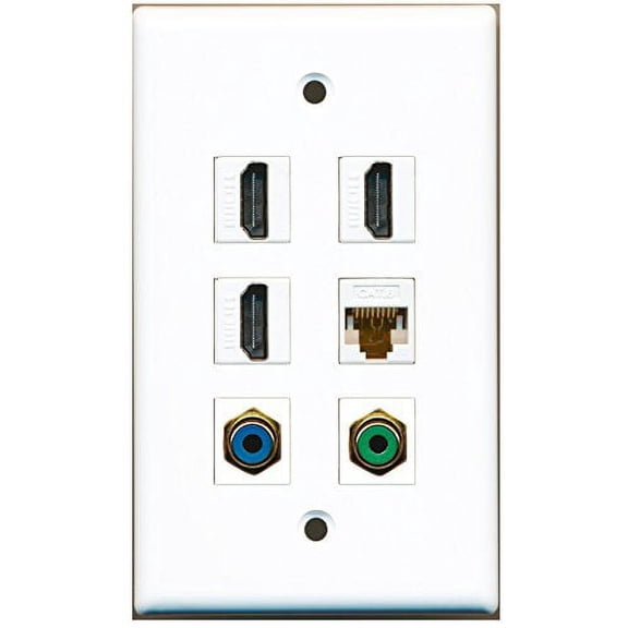 RiteAV - 3 HDMI 1 Port RCA Green 1 Port RCA Blue 1 Port Cat6 Ethernet White Wall Plate