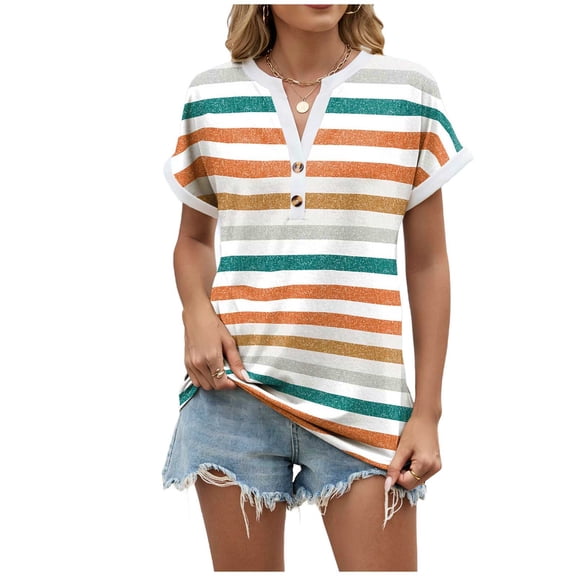 QQAMB T-Shirts for Women V-Neck Button Short Sleeve Graphic Tees Loose Pullover Basic Tops Orange M