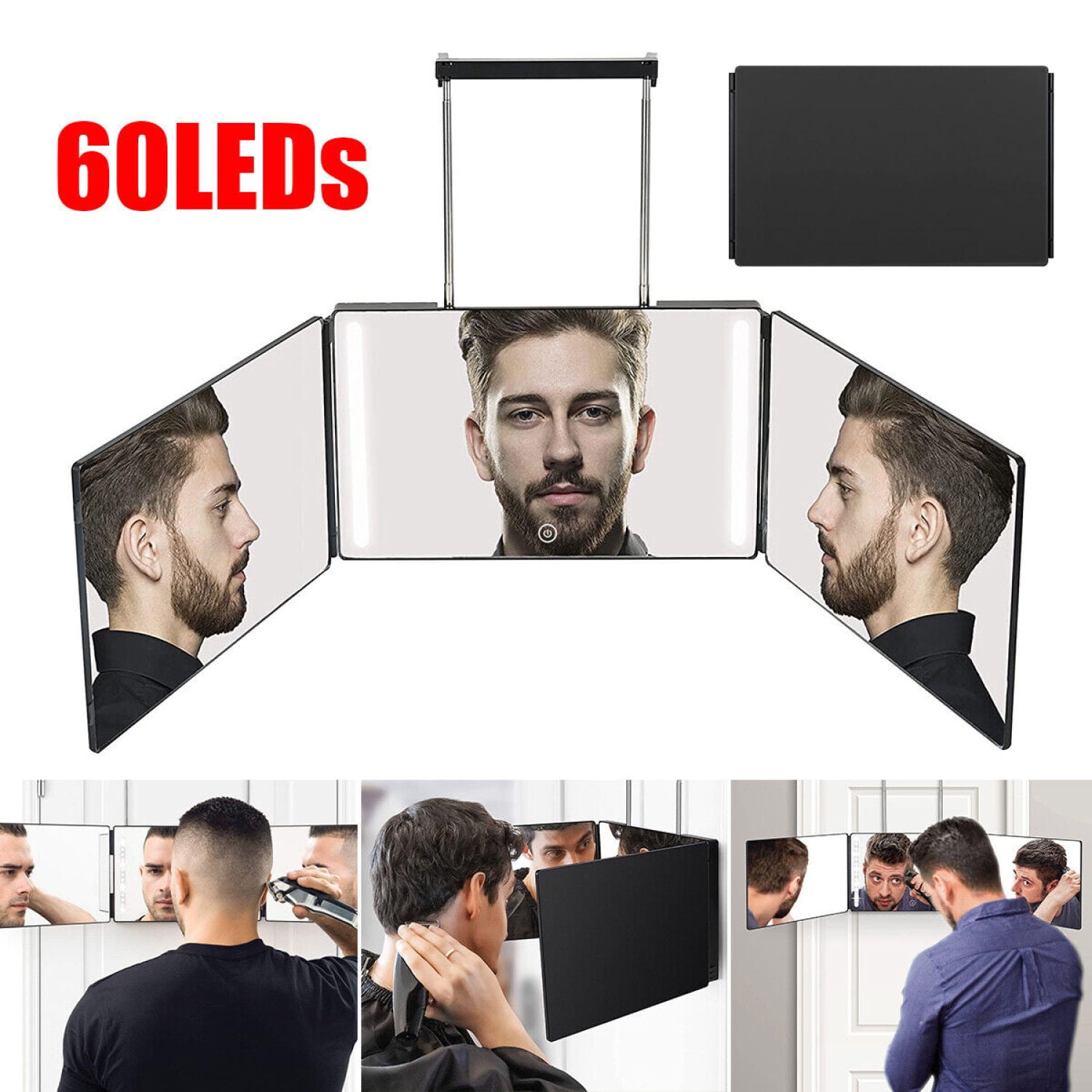 Foldable 3 Way Mirror for Hair Cutting Portable 360° Haircut Mirror w