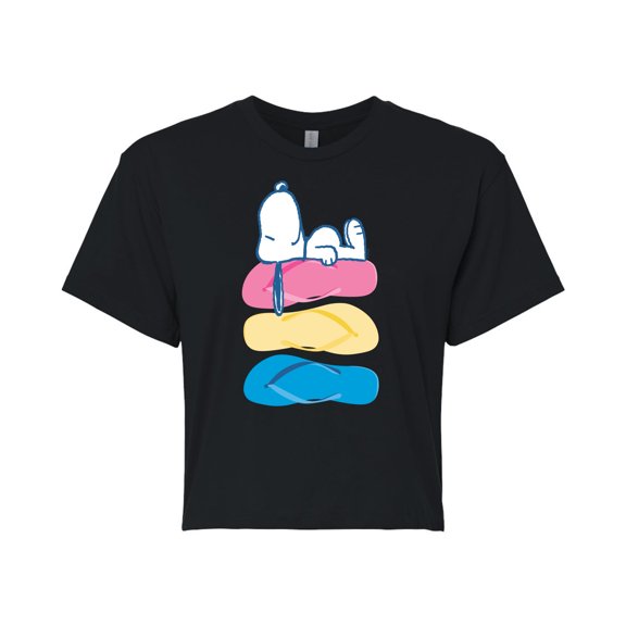 Peanuts - Summer Edition - Snoopy & Flip Flops - Juniors Cropped Cotton Blend T-Shirt