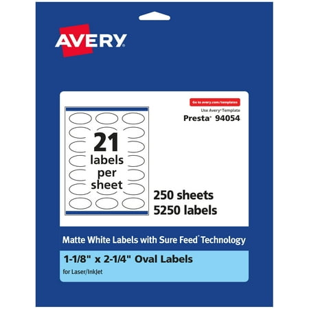 UPC: 0194793005424 | Avery Matte White Oval Labels with Sure Feed  1-1/8  x 2-1/4   5 250 Matte White Printable Labels