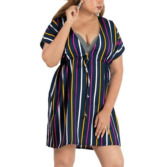 LA LEELA Women's Beachwear Summer Swim Beach Cover ups for Swimwear Women Bikini Dress Swimsuit Coverups Cover up M-L Navy, Stripes