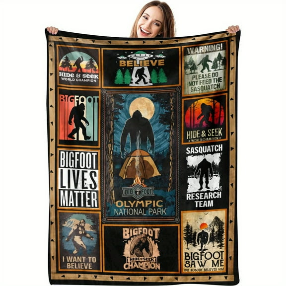 Sasquatch Enthusiast Gift - Soft Flannel Fleece Throw Blanket with Cryptid and Wilderness Print, Vintage-Inspired Multipurpose All-Season Quilt, Polyester, Knitted Fabric with Digital Printing